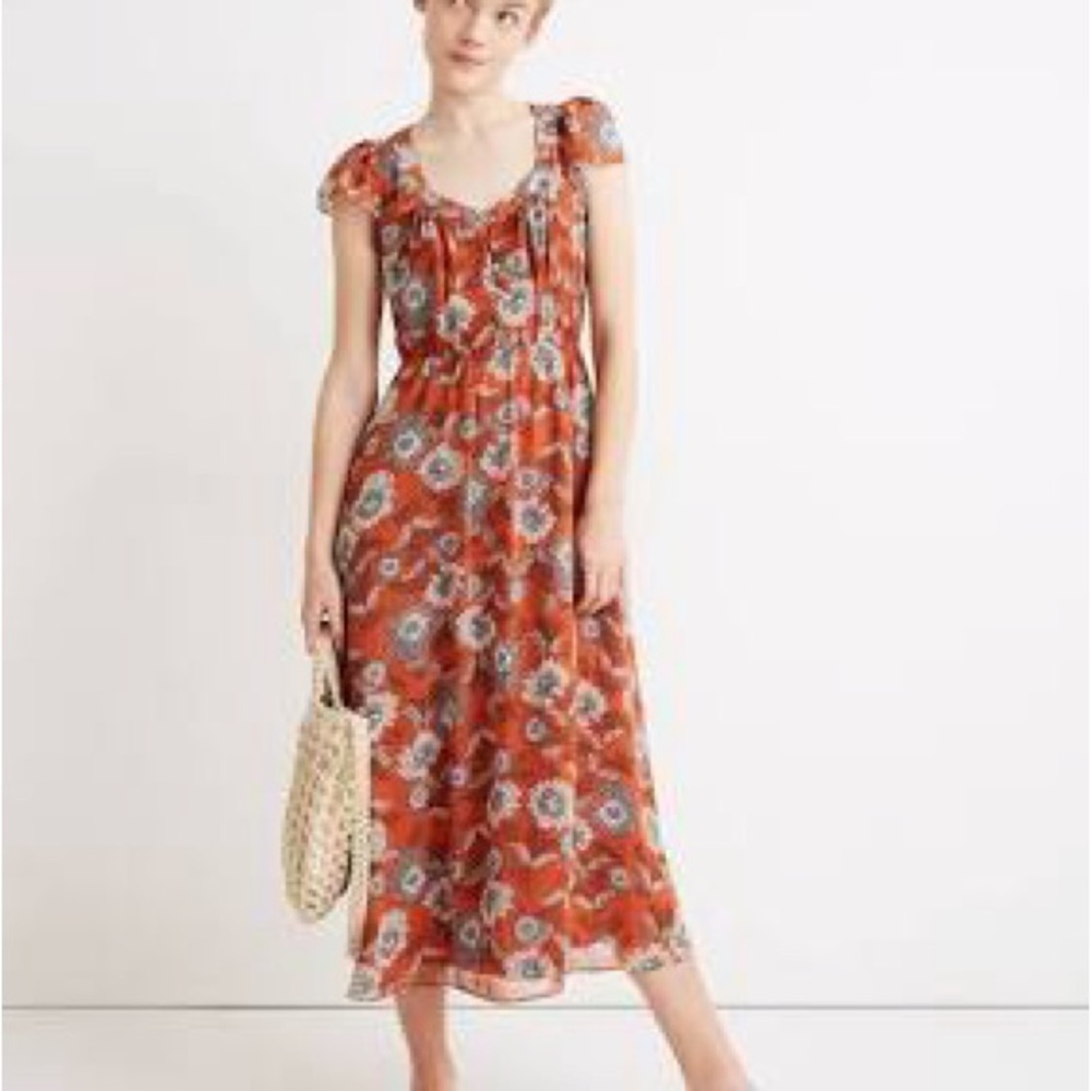 Madewell Floral Midi Dress in Orange and Blue